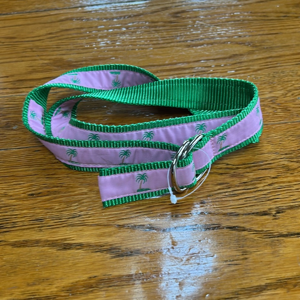 Leather Man webbing belt, green with pink ribbon, palm trees.  Size Large.